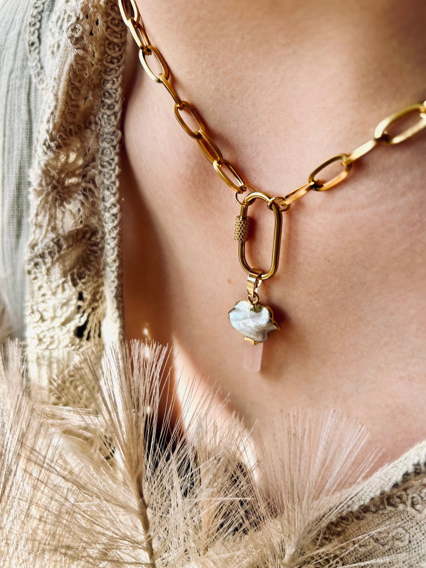 Carabiner Baroque Pearl & Rose Quartz Chunky Necklace