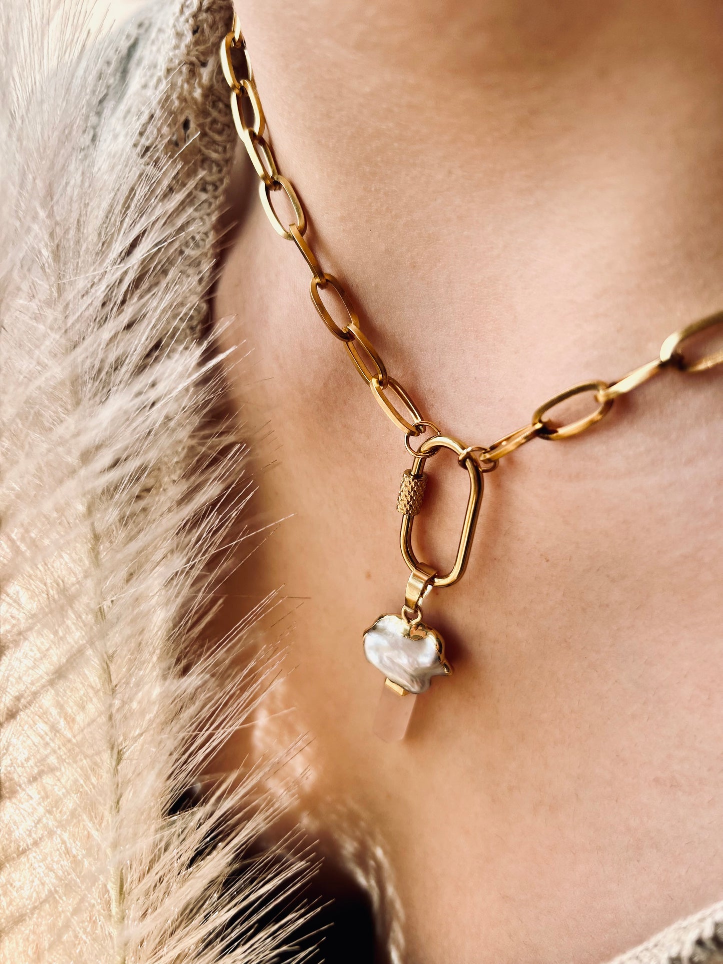 Carabiner Baroque Pearl & Rose Quartz Chunky Necklace