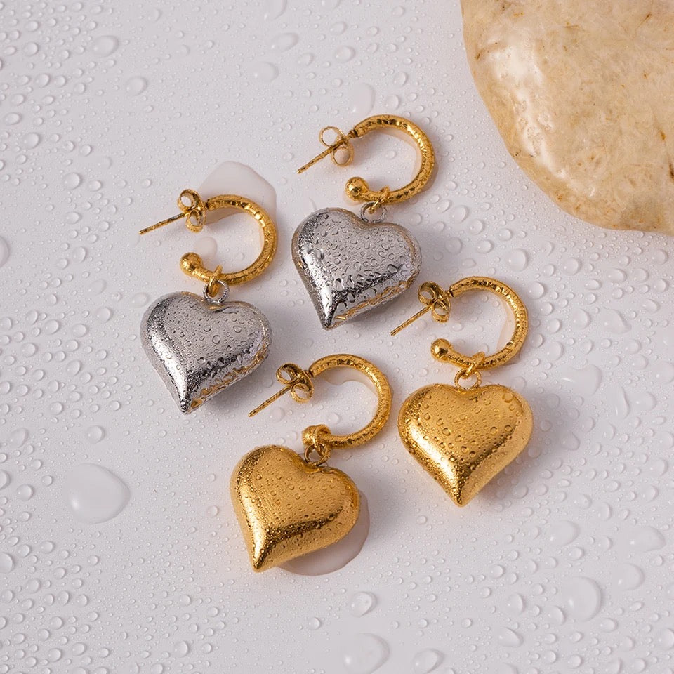 Stainless Steel Chunky Heart Charm Hoops