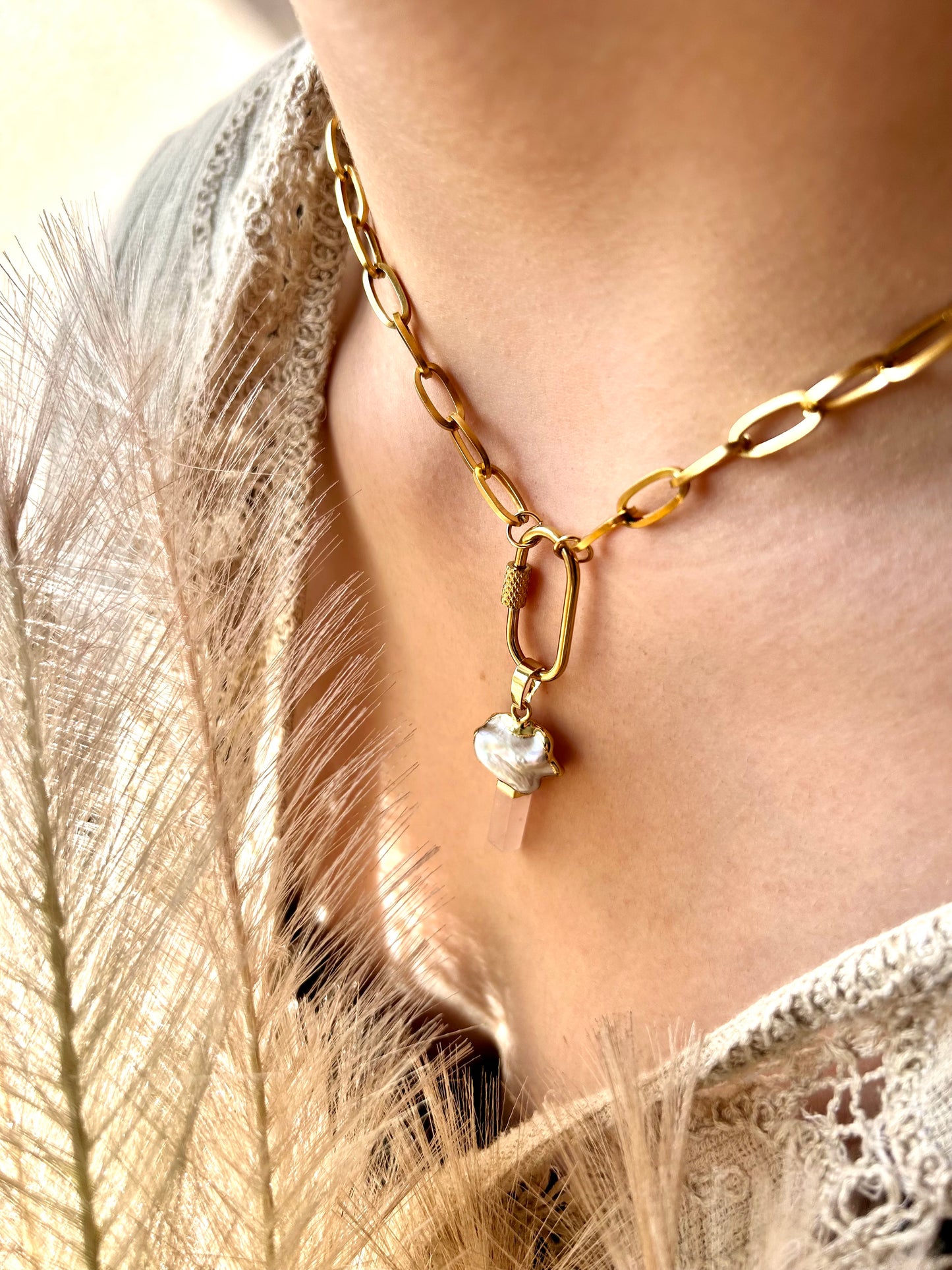 Carabiner Baroque Pearl & Rose Quartz Chunky Necklace