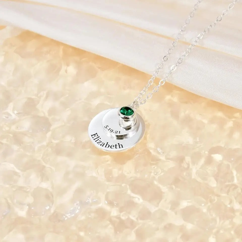 Custom Stainless steel double disc pendant with birthstone